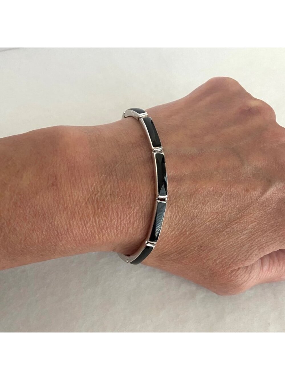 Sterling Silver 925 Black Onyx Inlay Panel Bracelet 7"